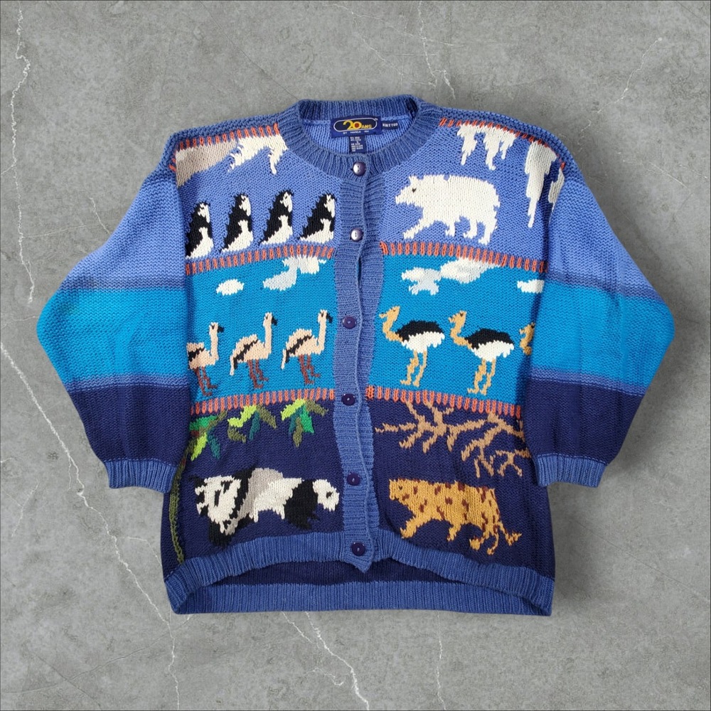 20 Ans by Marisa Kim Cardigan Womens S Blue Animal Intarsia Ramie Cotton Knit